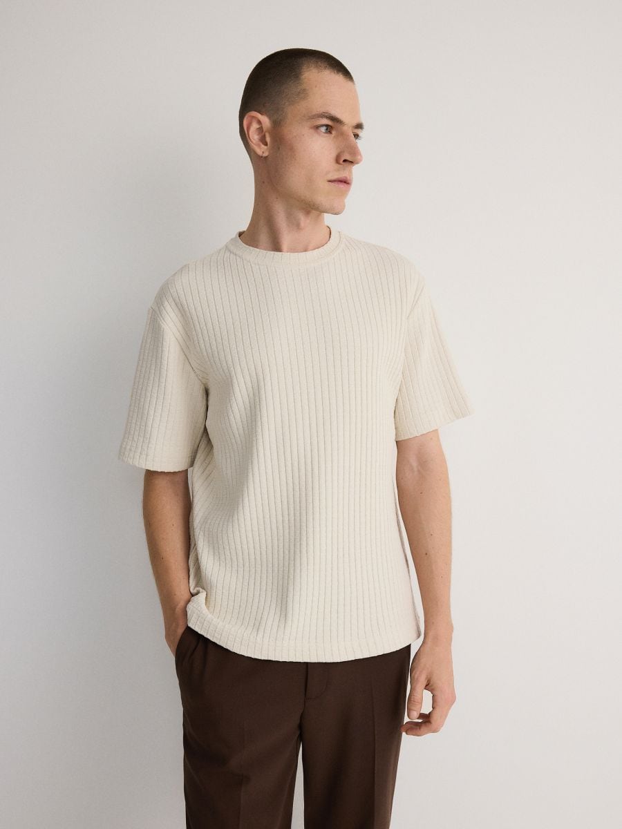 Comfort fit rib knit T-shirt - cream - RESERVED