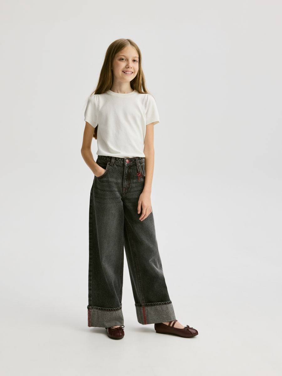 Wide‑leg jeans with rolled‑up hem - grey - RESERVED