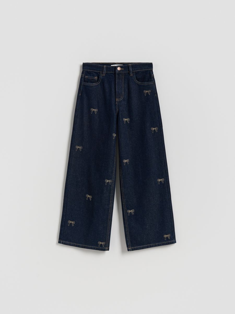 Super wide-leg jeans with embroidery - navy - RESERVED
