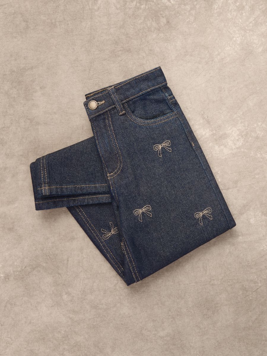 Super wide-leg jeans with embroidery - navy - RESERVED