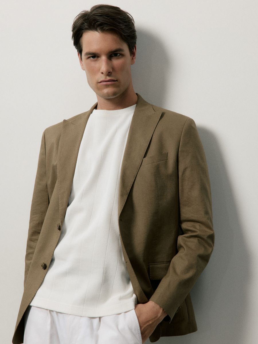 Marynarka slim fit z dodatkiem konopi - warm olive - RESERVED