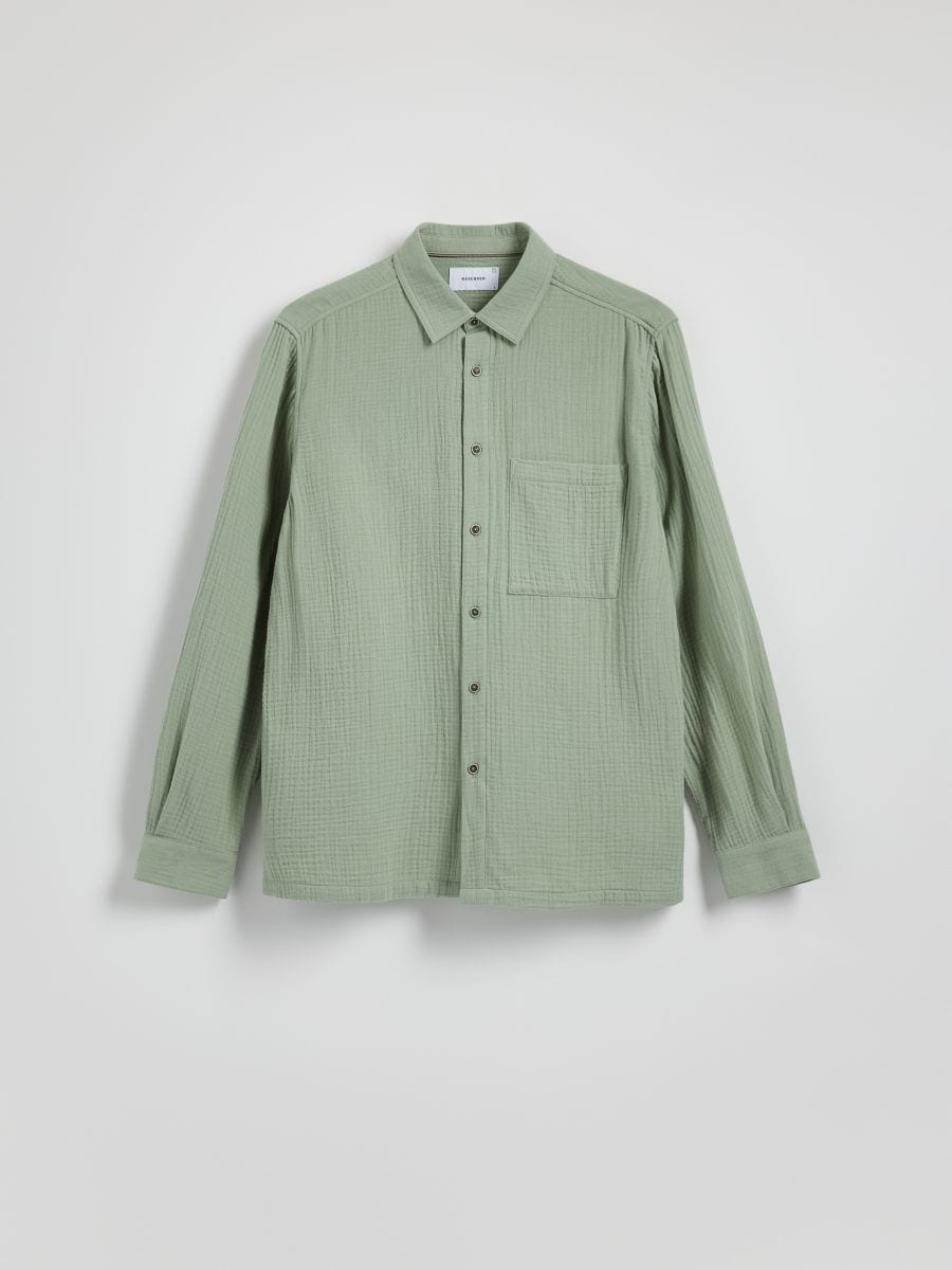 Muslin overhemd met regular fit - LICHT OLIJFGROEN - RESERVED - 5
