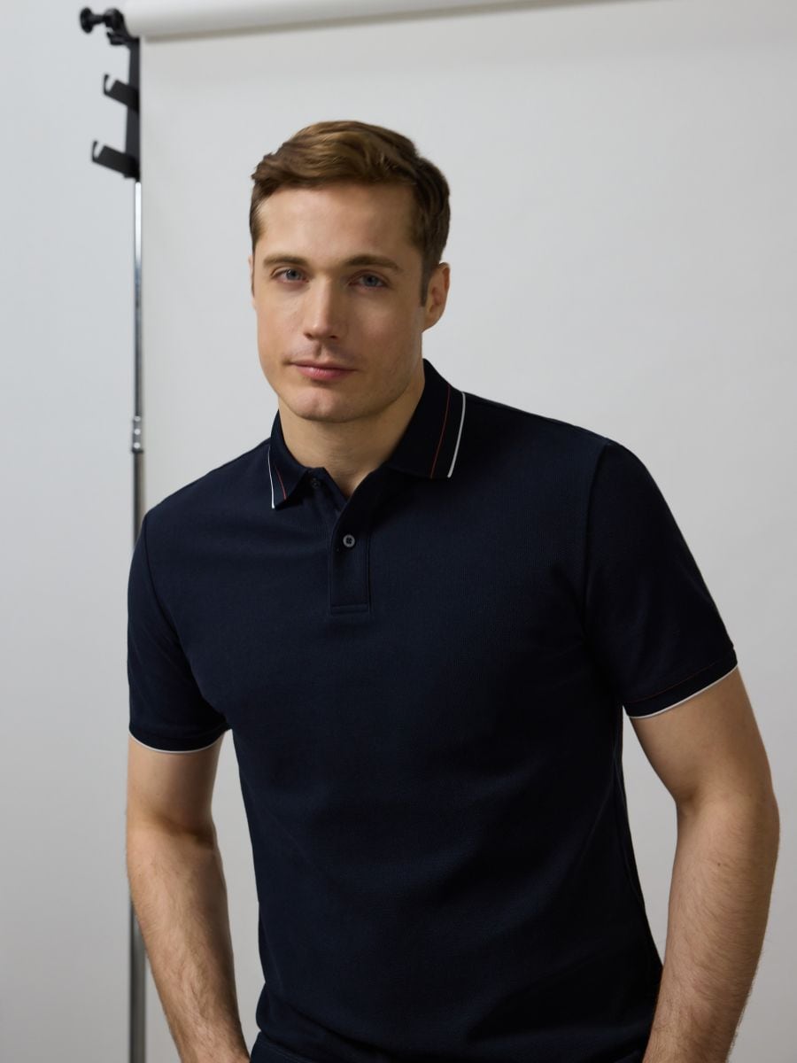 Mercerised cotton polo shirt - navy - RESERVED