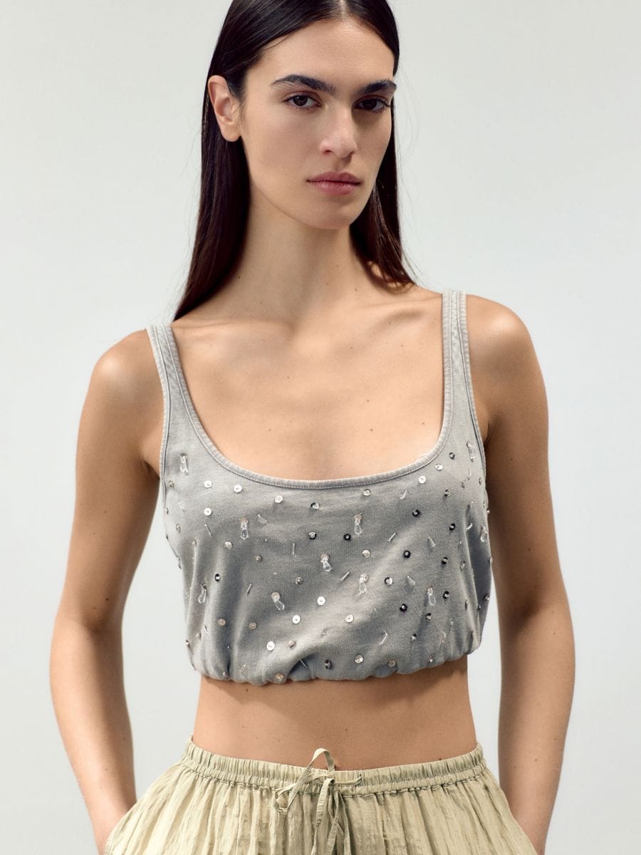 Top with shiny appliqués - taupe - RESERVED