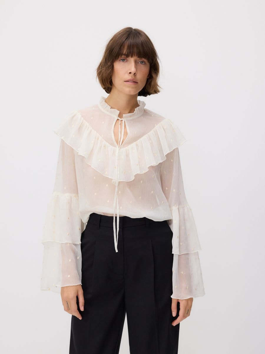 Blouse with ruffle and tie detail - cream - RESERVED - 3