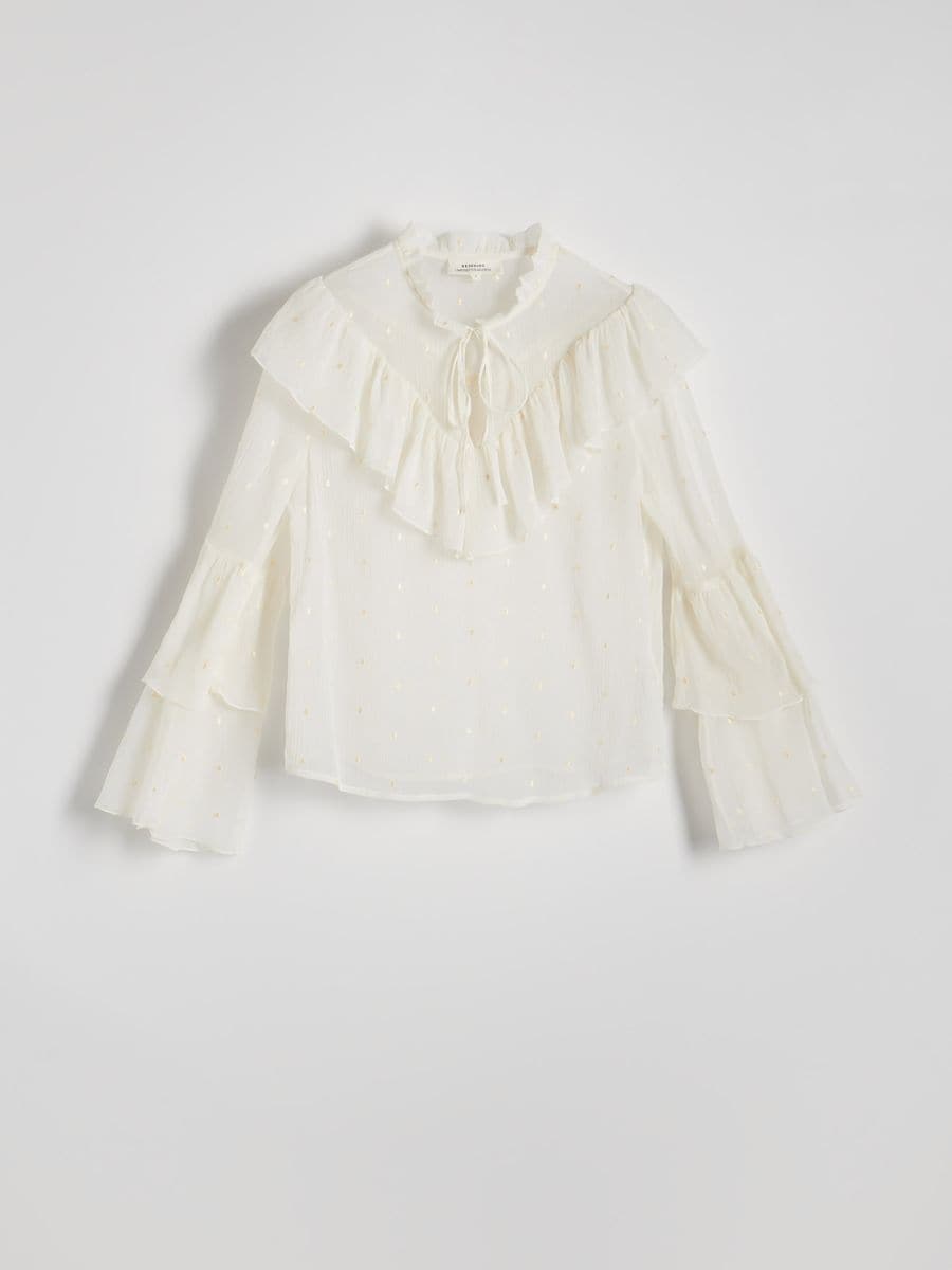Blouse with ruffle and tie detail - cream - RESERVED - 5