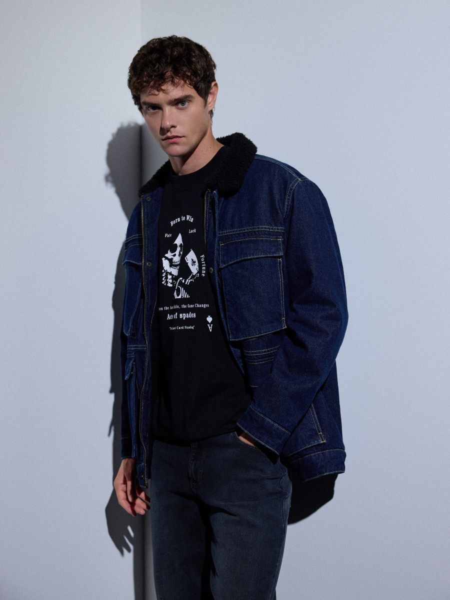Veste sherpa avec col - marine - RESERVED