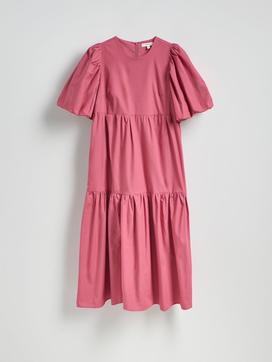 Cotton rich dress with puff sleeves - mauve - RESERVED