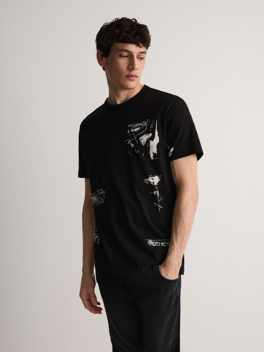 Tricou cu croială regular și imprimeu - negru - RESERVED
