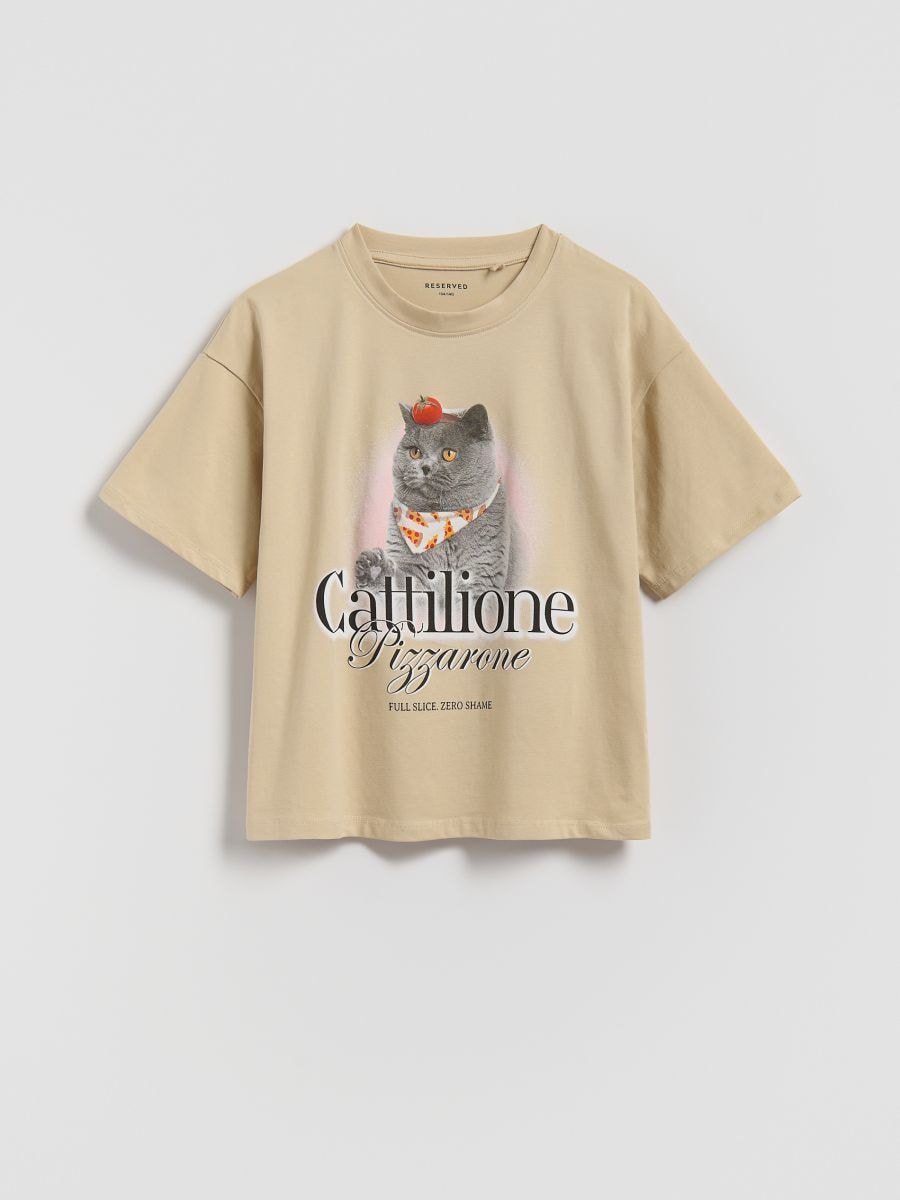 Cotton T-shirt with print - beige - RESERVED