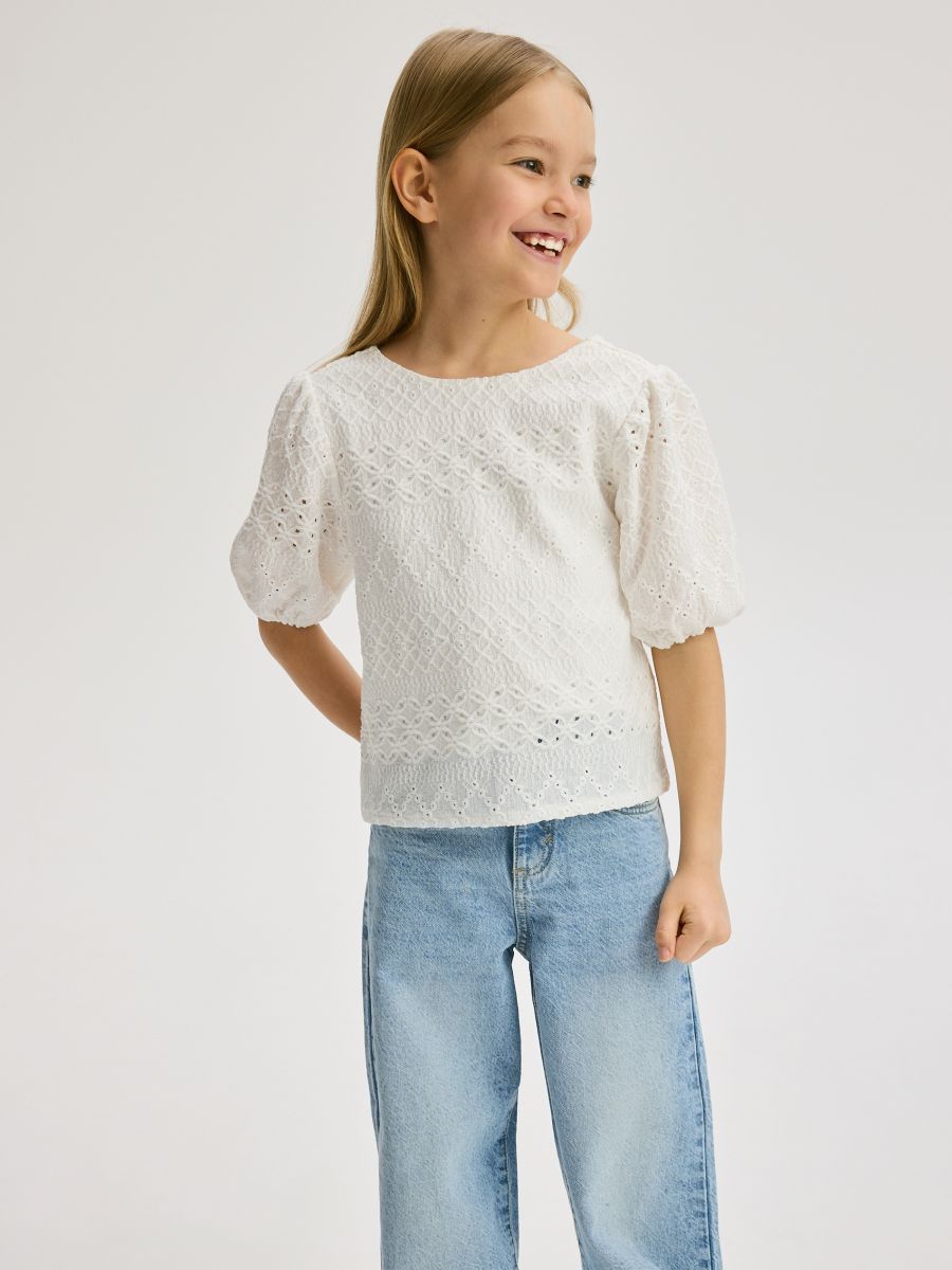 Openwork blouse with puff sleeves - cream - RESERVED - 4