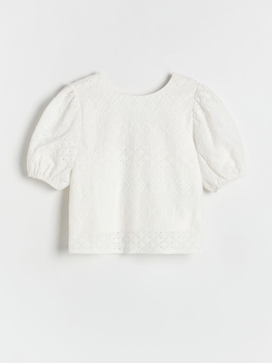 Openwork blouse with puff sleeves - cream - RESERVED - 3