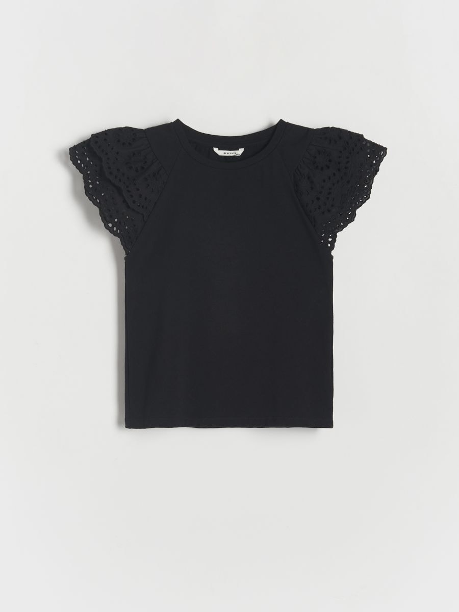Bavlnené tričko s volánom - čierna - RESERVED