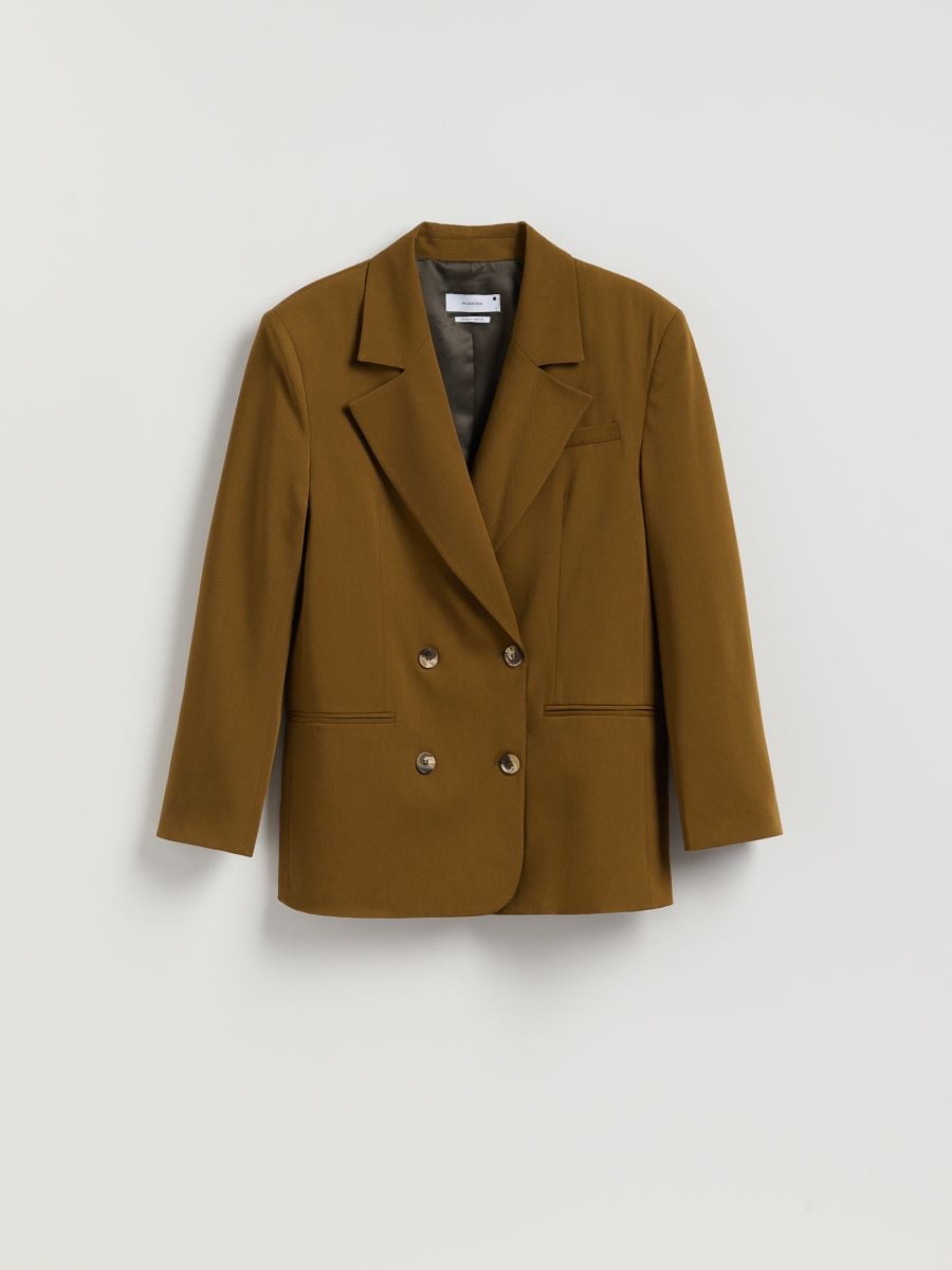 Viscose blend double-breasted blazer - warm olive - RESERVED