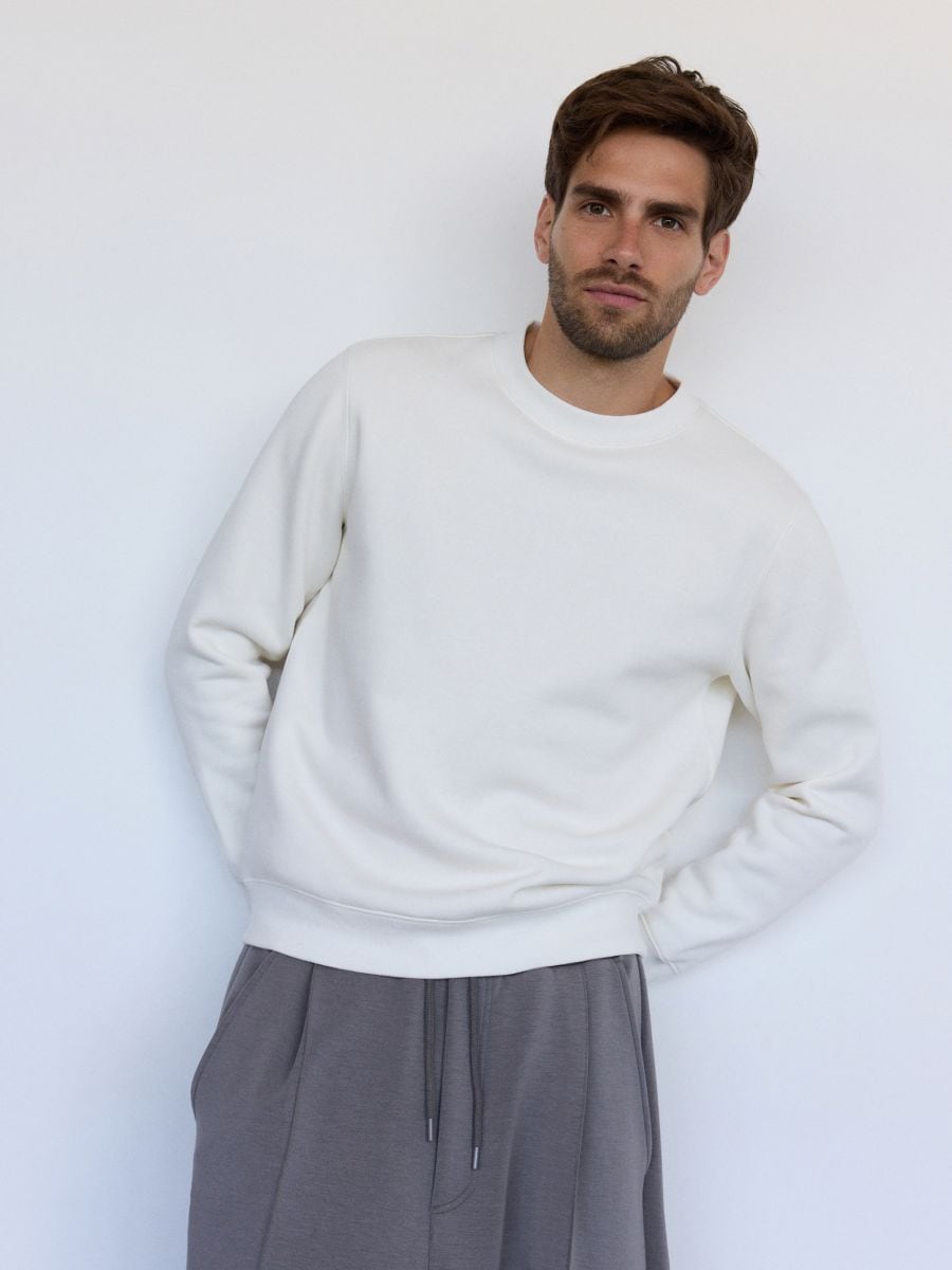Sweat uni en coton majoritaire - crème - RESERVED - 3