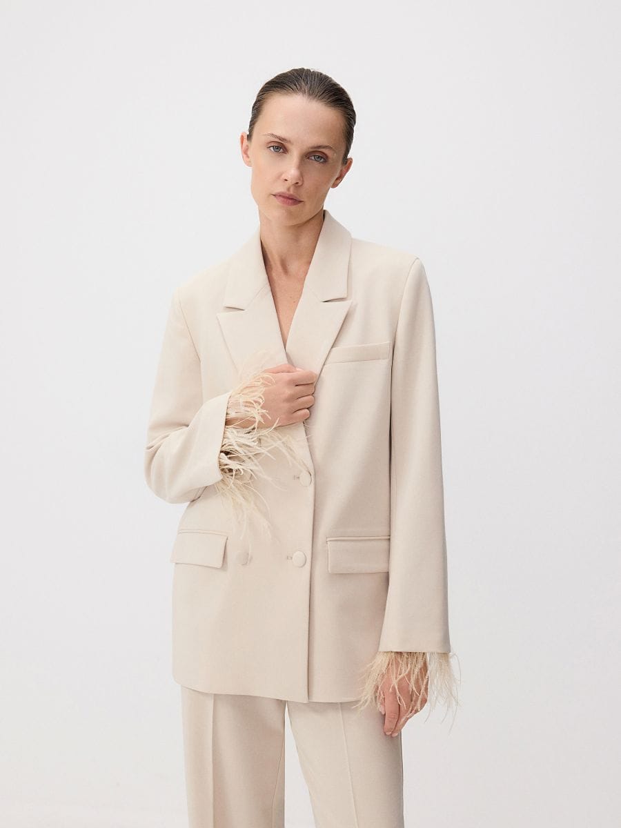 Double-breasted jacket with feather cuffs Color beige Double-breasted jacket with feather cuffs Color beige