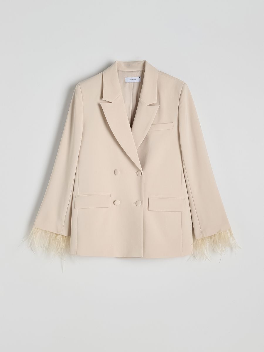 Double-breasted jacket with feather cuffs - beige - RESERVED