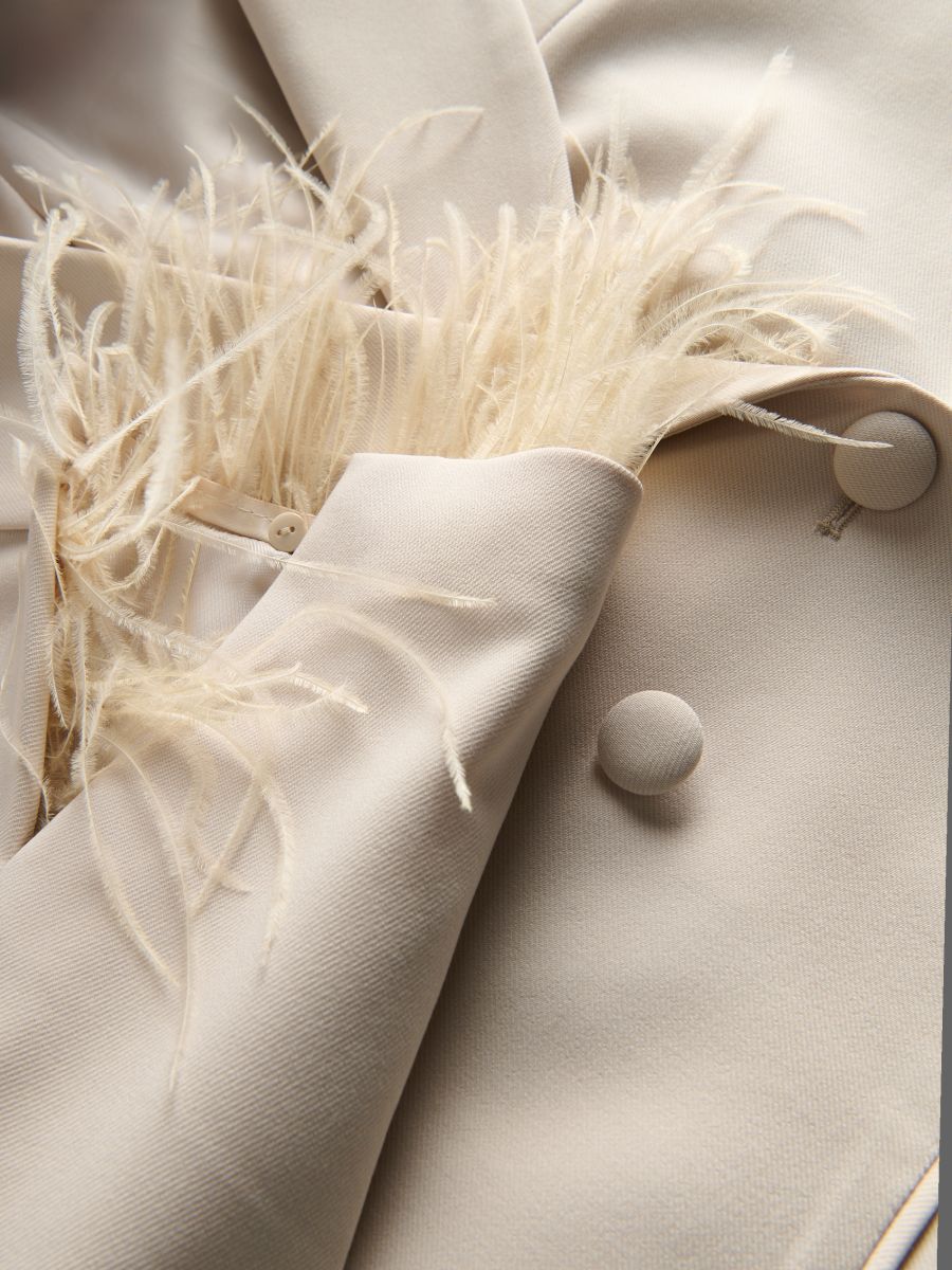 Double-breasted jacket with feather cuffs - beige - RESERVED - 7