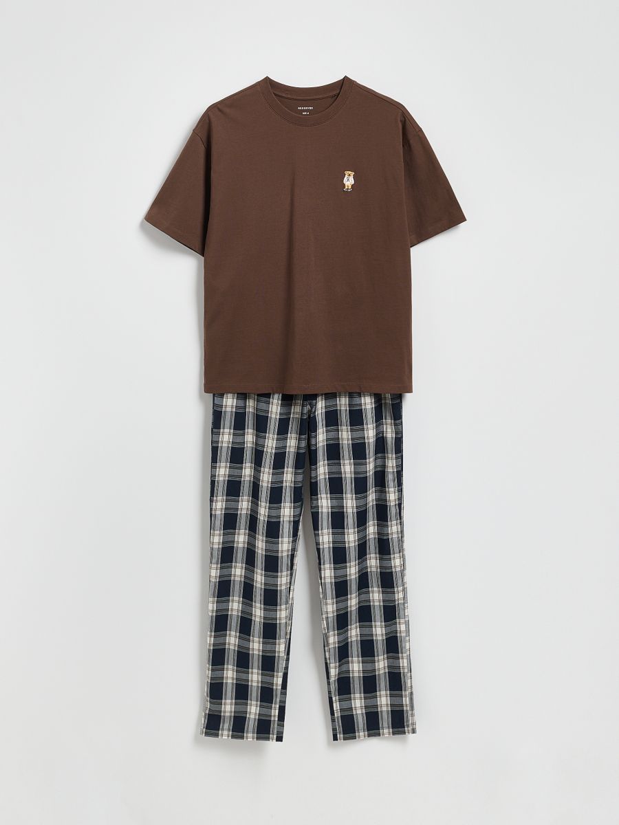 Two piece pyjama set with embroidery - brown - RESERVED