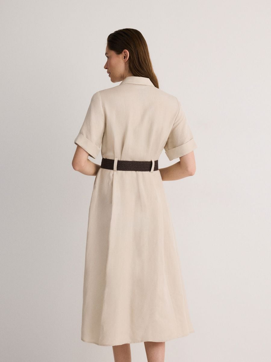Linen blend midi dress with wattled belt - beige - RESERVED - 2