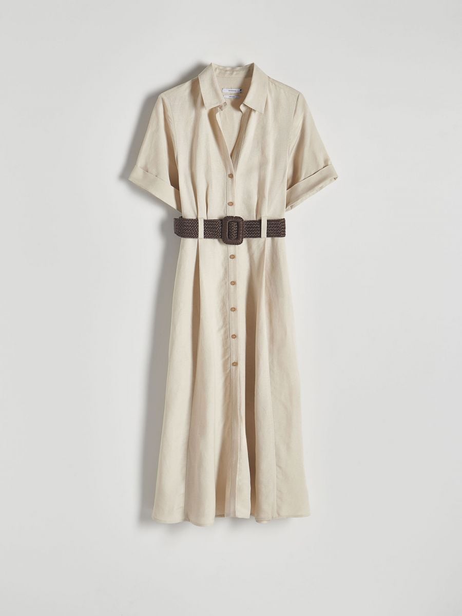 Linen blend midi dress with wattled belt - beige - RESERVED - 3