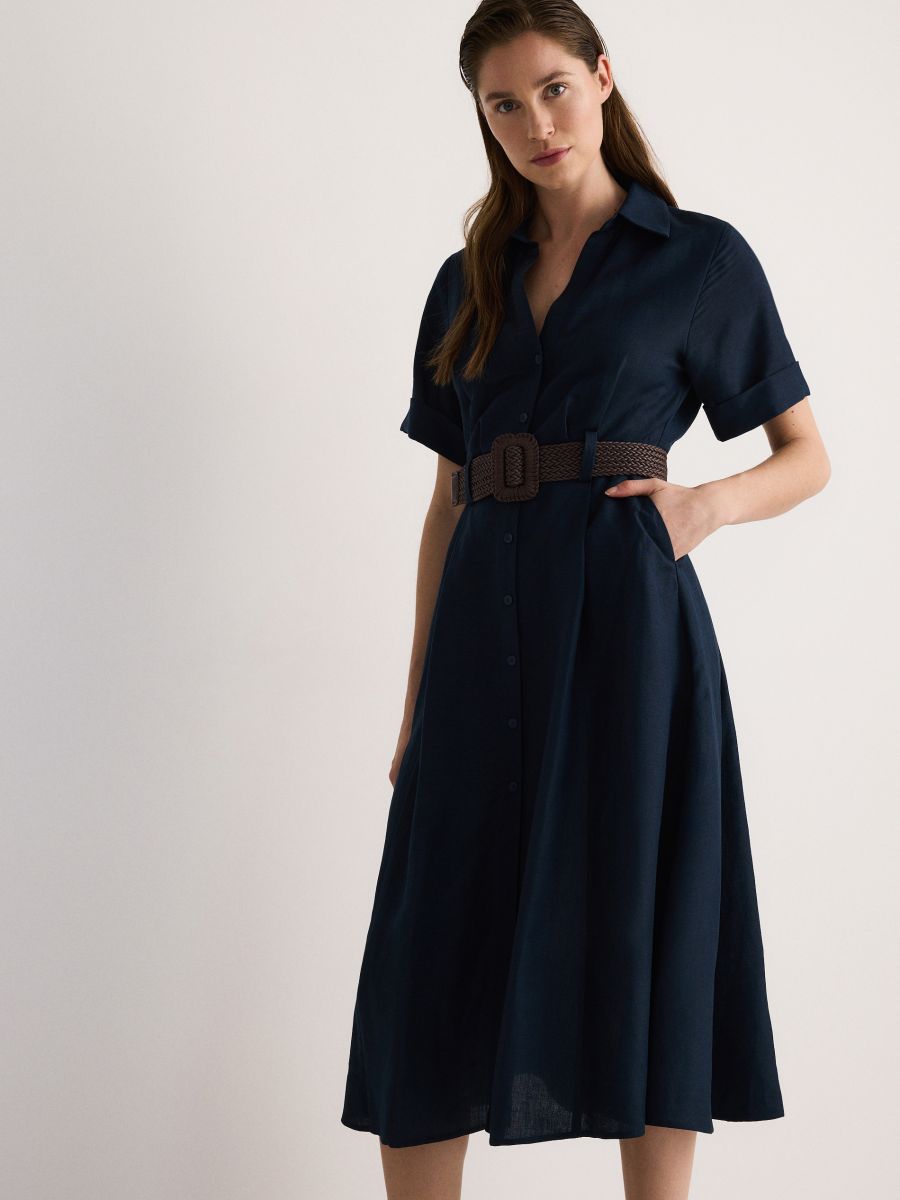 Linen blend midi dress with wattled belt - navy - RESERVED - 2