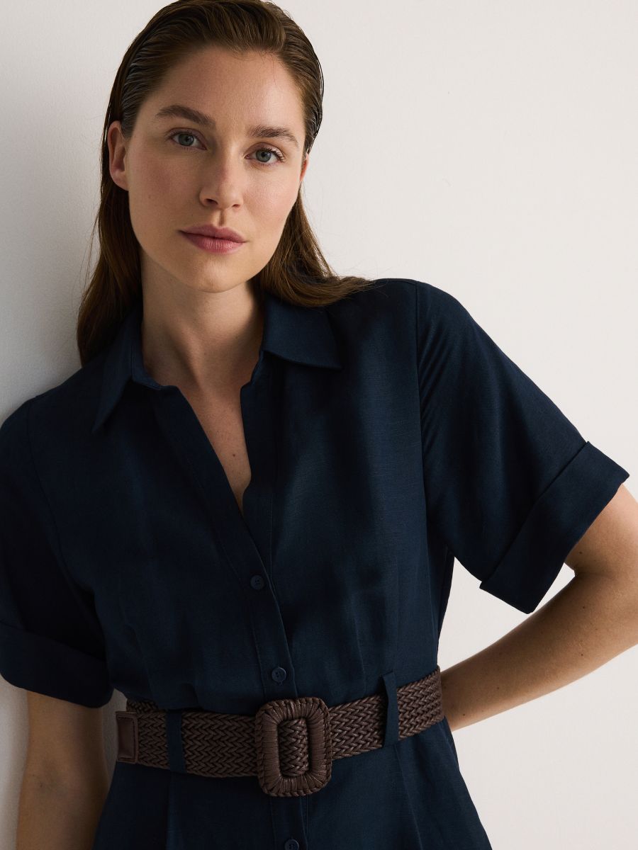 Linen blend midi dress with wattled belt - navy - RESERVED - 3