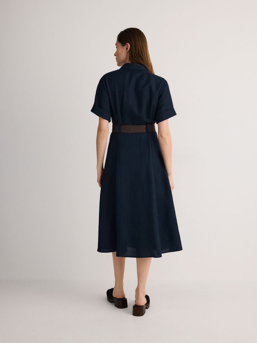 Linen blend midi dress with wattled belt - navy - RESERVED - 4