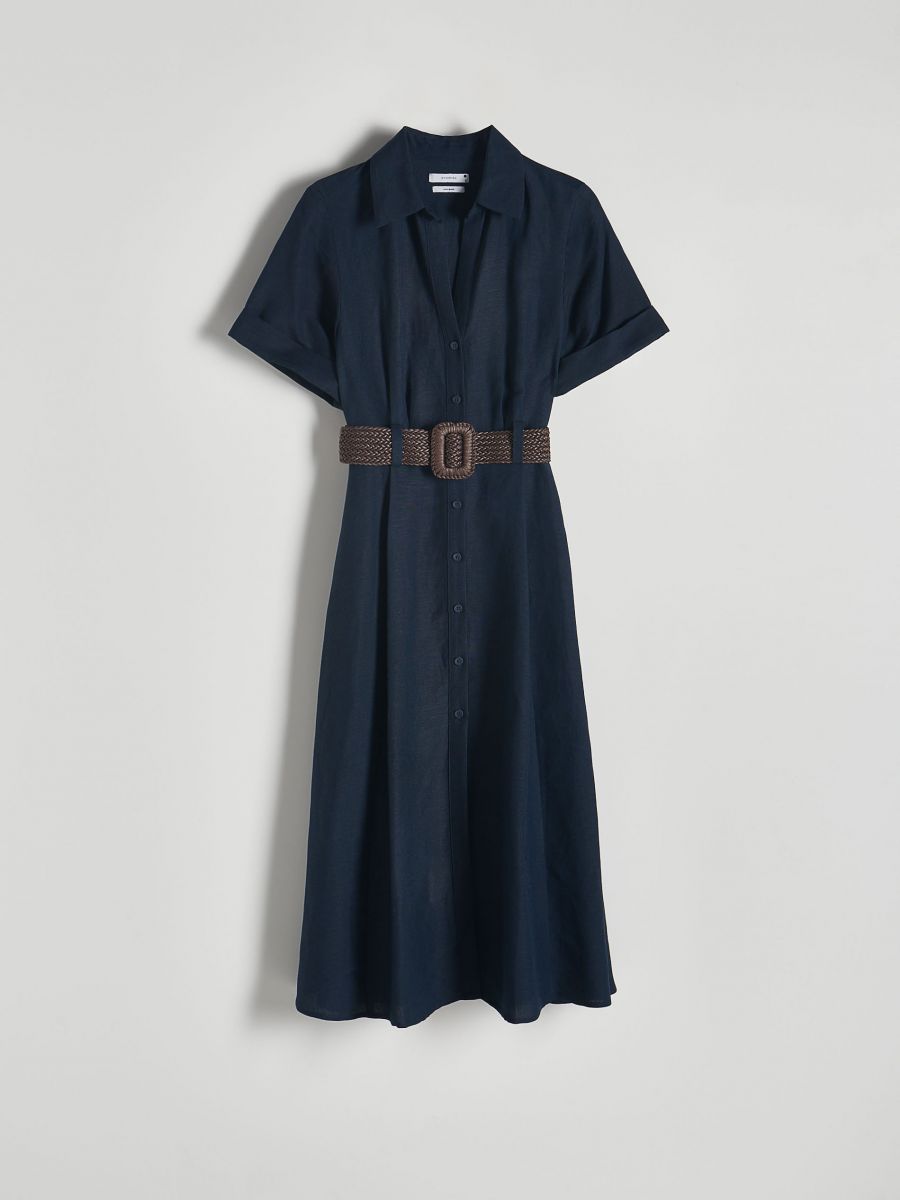 Linen blend midi dress with wattled belt - navy - RESERVED - 5
