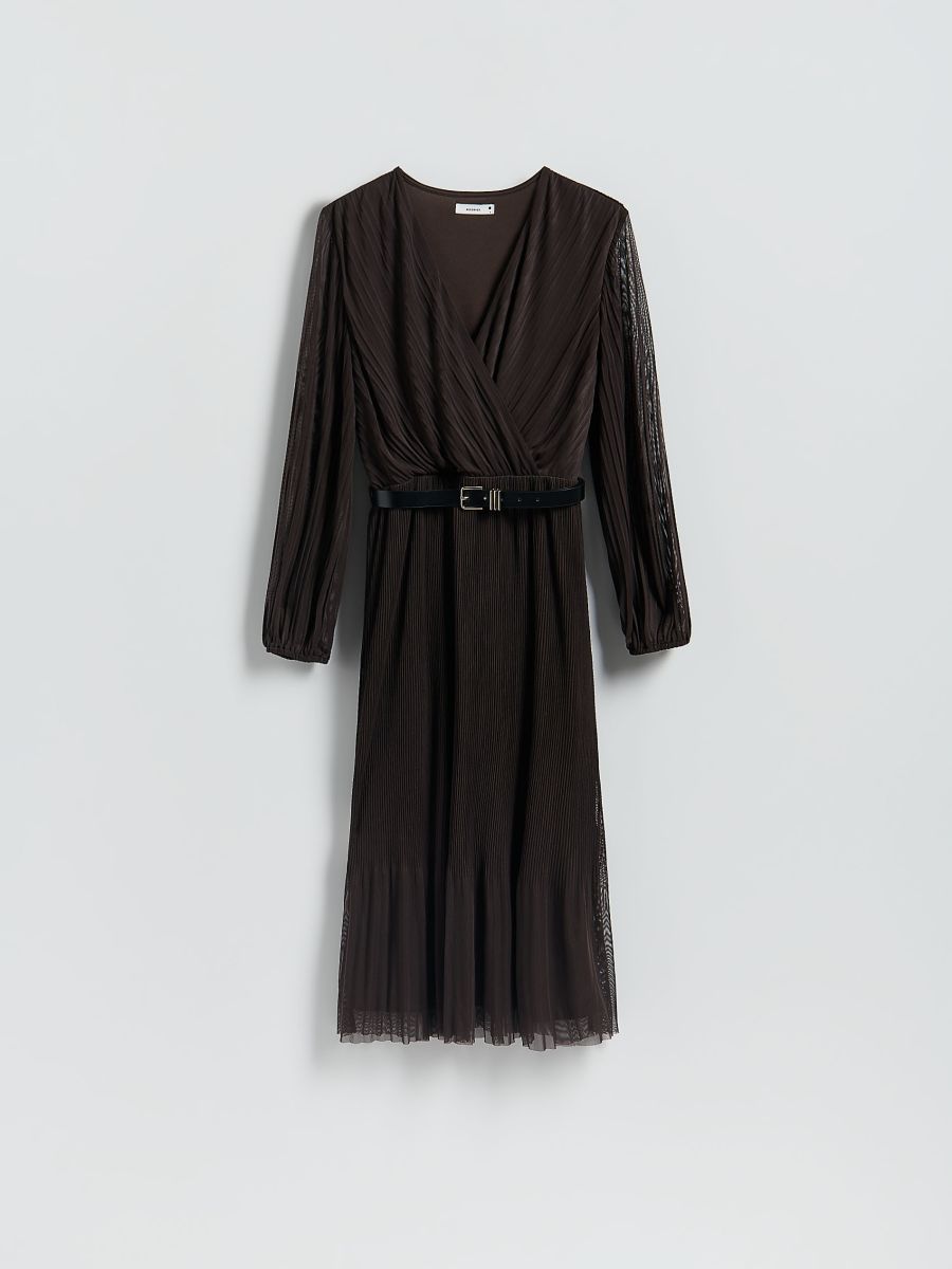 Plisse dress with belt - dark brown - RESERVED