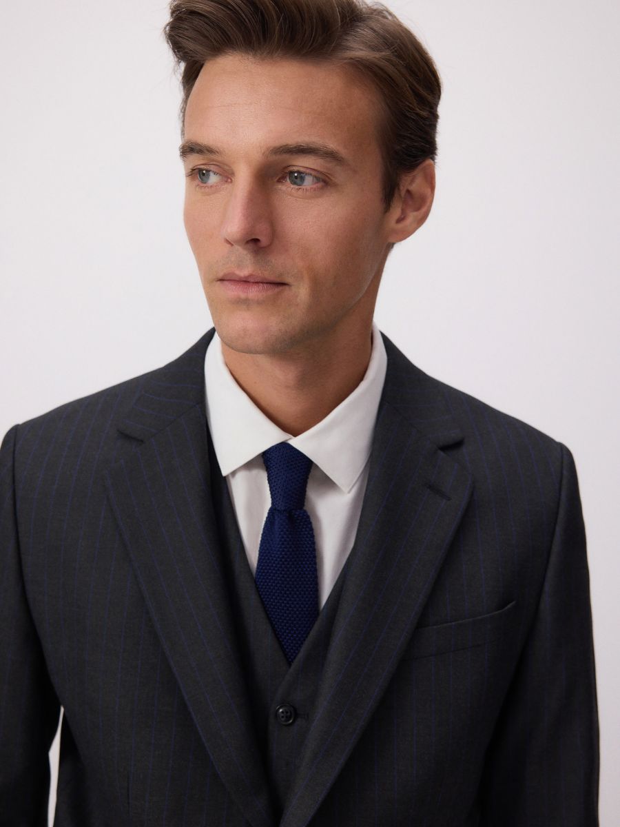 Plain narrow tie with textured pencil stripe - navy - RESERVED - 3