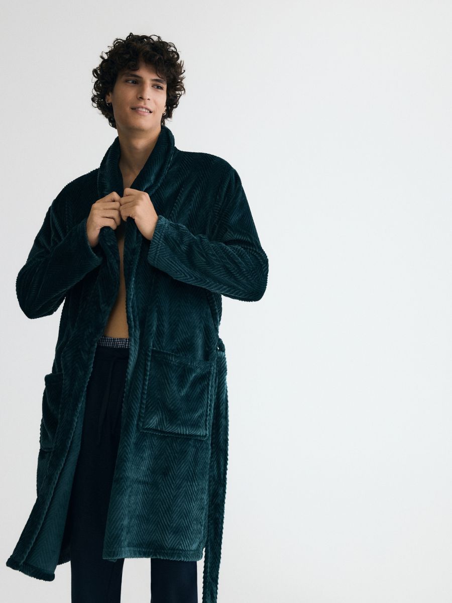 Dressing gown with tie waist belt - teal green - RESERVED