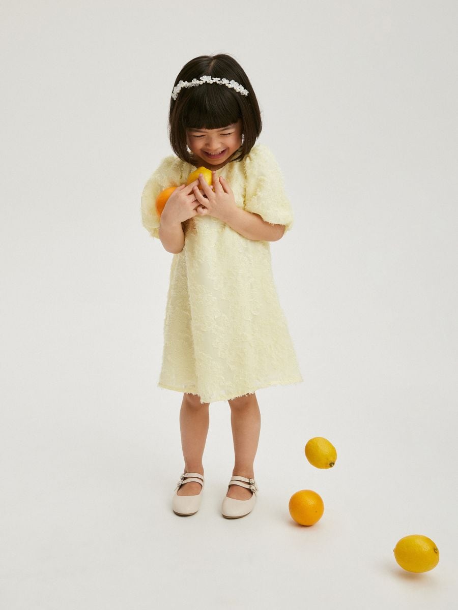 Dress with feather trim - yellow - RESERVED