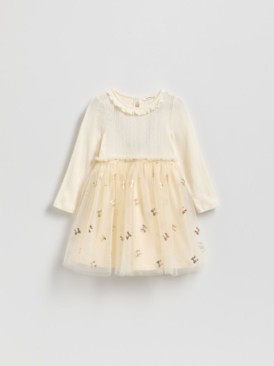 Bawełniana sukienka z tiulowym dołem - kremowy - RESERVED