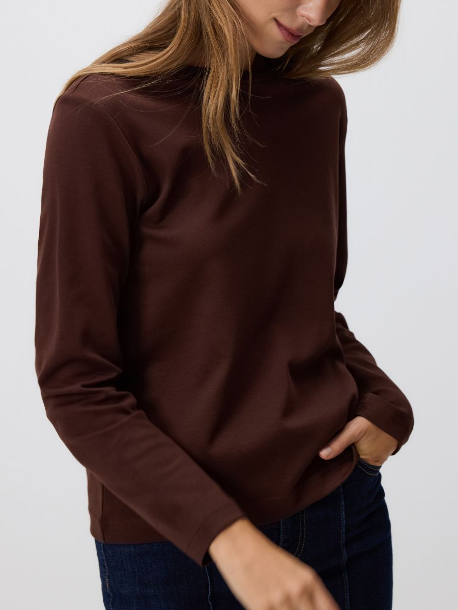 Mercerised cotton rich long sleeve T-shirt - dark brown - RESERVED