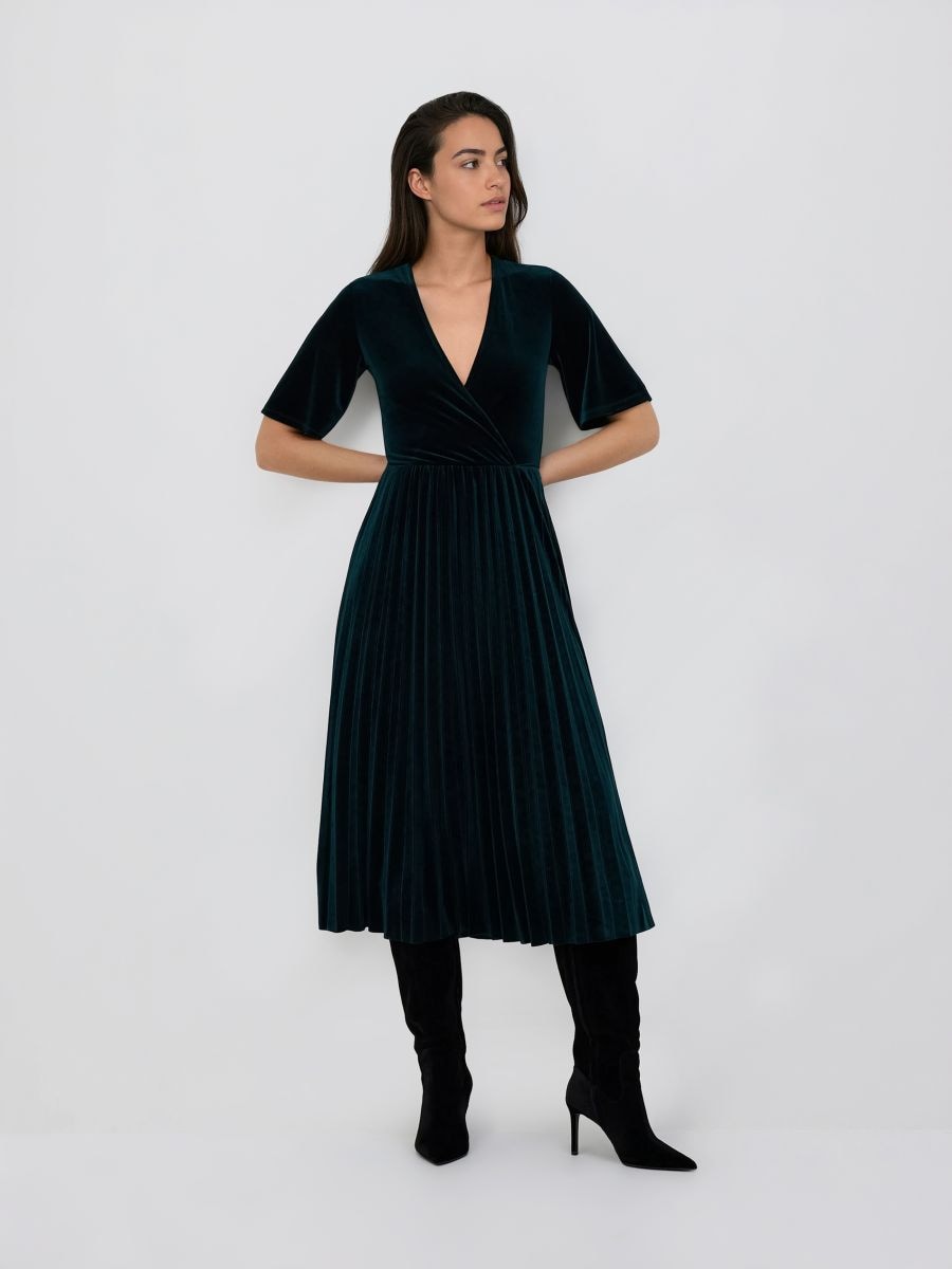 Velour dress with pleats - teal green - RESERVED