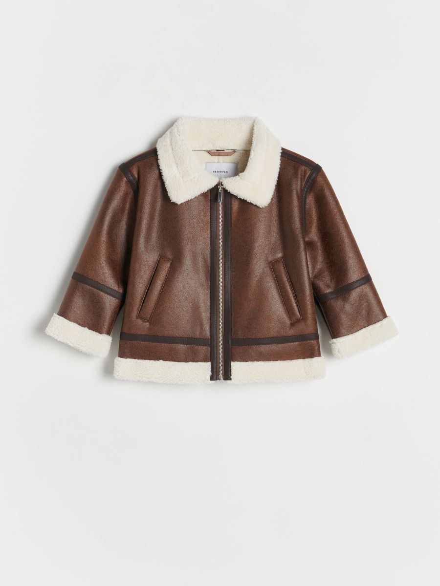 Biker style jacket with faux fur collar - dark brown - RESERVED