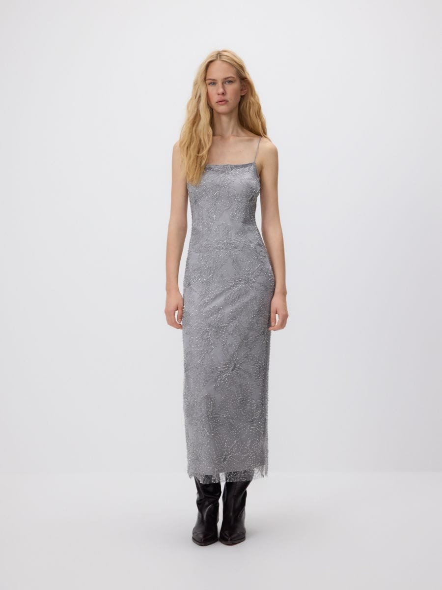 Midi-jurk met applicaties - lichtgrijs - RESERVED