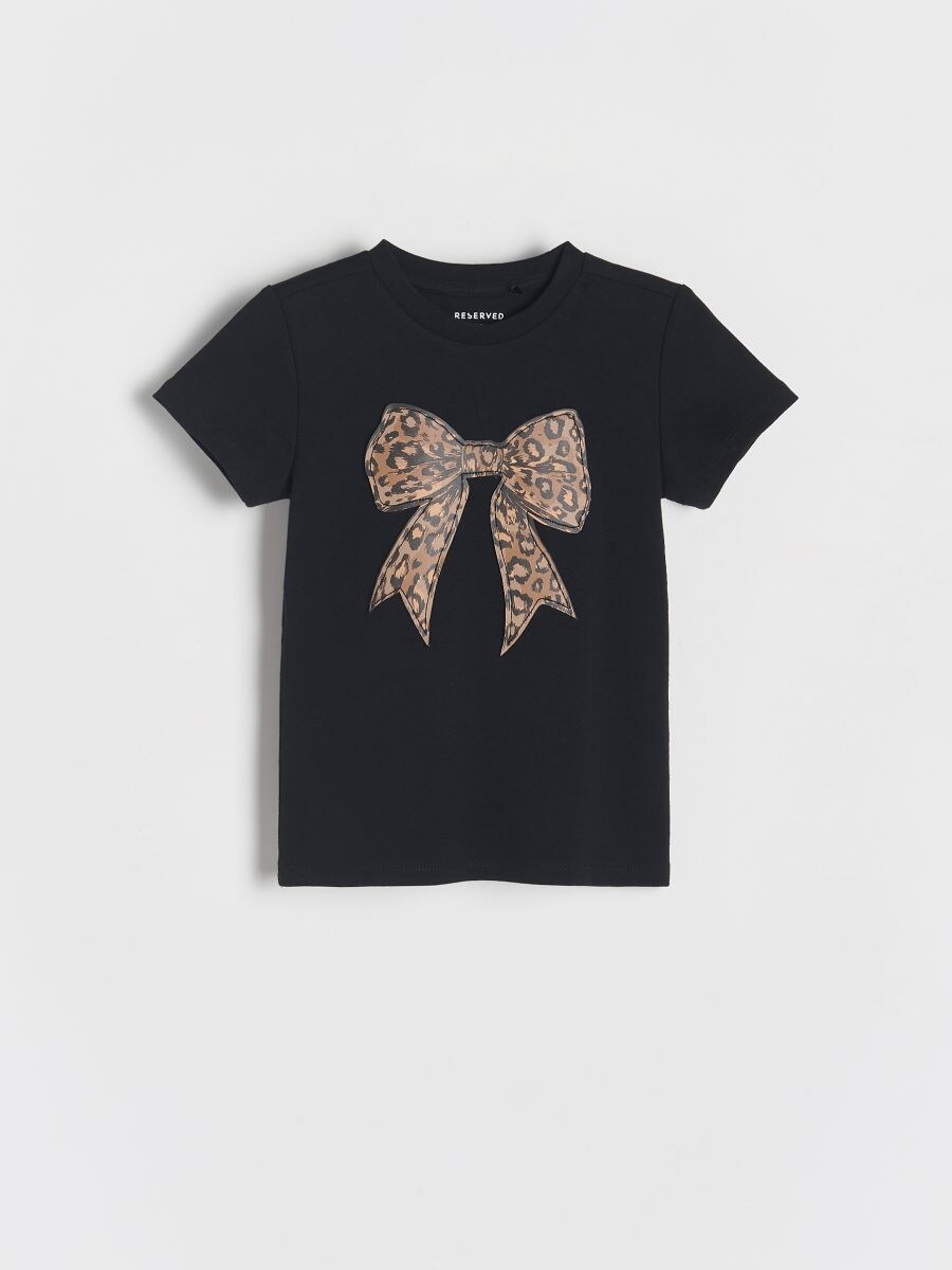 T-shirt z kokardą w zwierzęcy print Kolor czarny - RESERVED