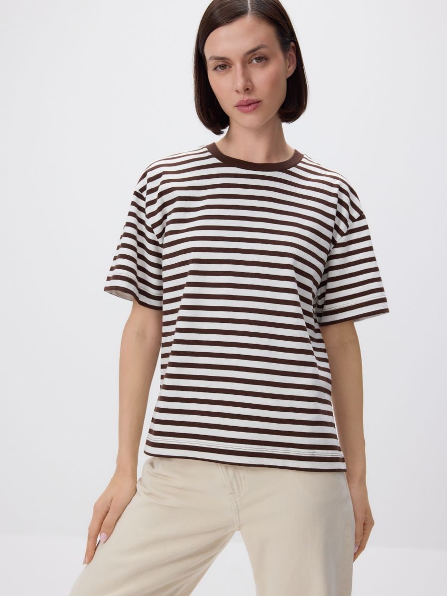 Tricou din bumbac în dungi - nude - RESERVED