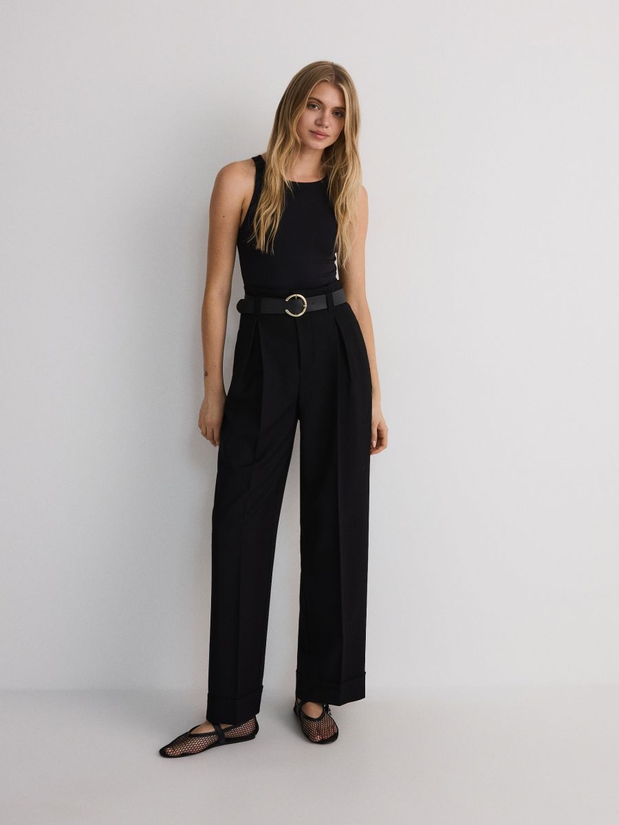 Pantalon large avec ceinture - Noir - RESERVED