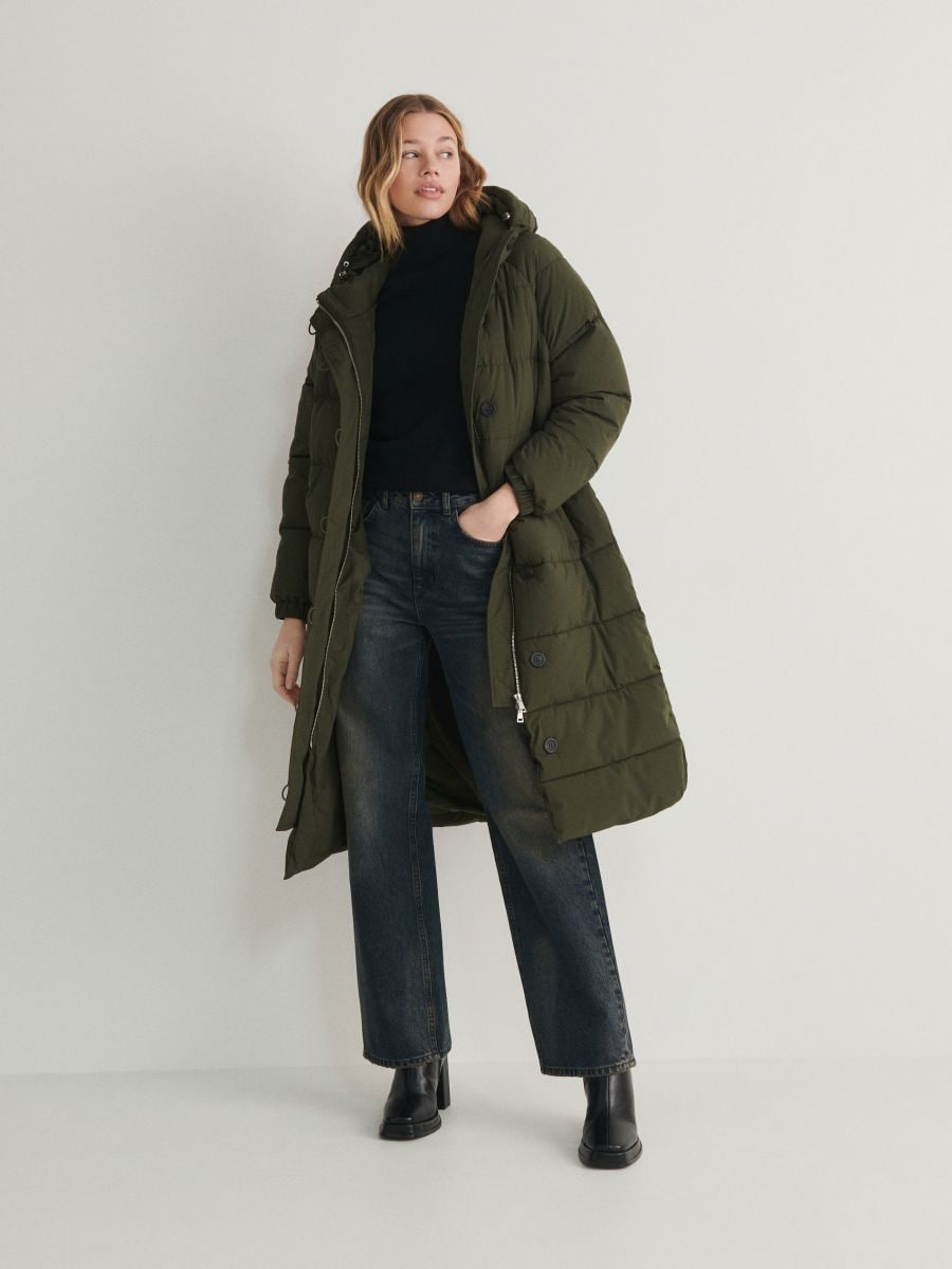 Długa kurtka z wiązaniem - zielony - RESERVED