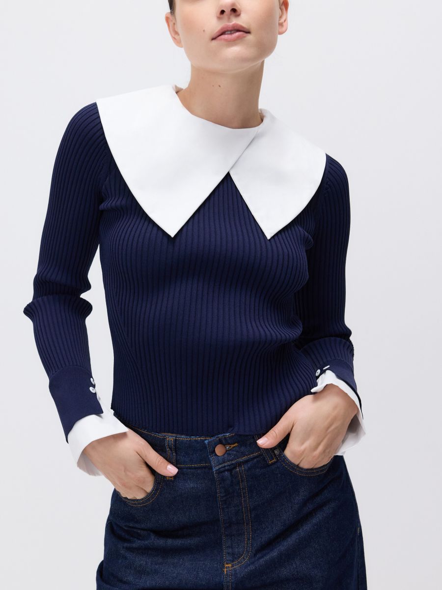 Sweter z ozdobnymi wstawkami - granatowy - RESERVED