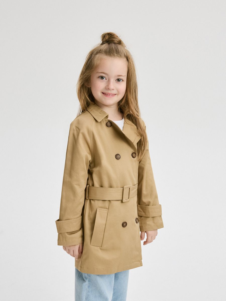 Double-breasted trench coat with belt - beige - RESERVED