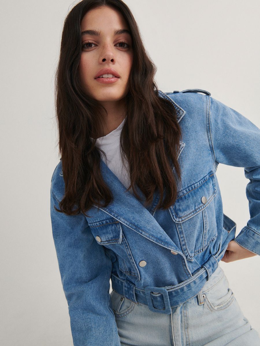 Colored cropped denim jacket best sale