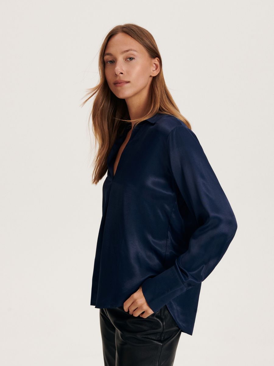 Viscose blouse with ruffle detail - navy - RESERVED - 2