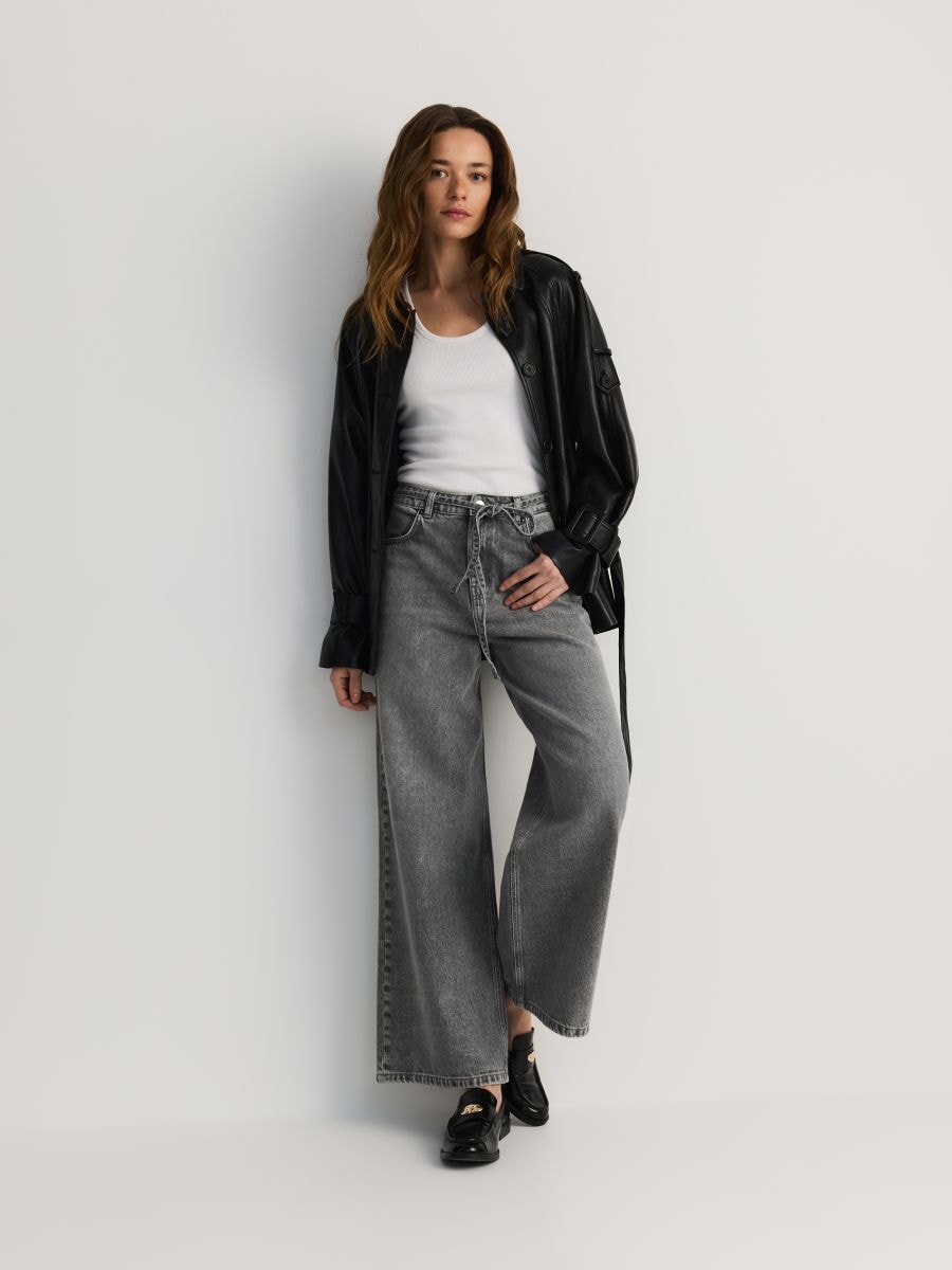 Wide-leg jeans with tie-up - light grey - RESERVED