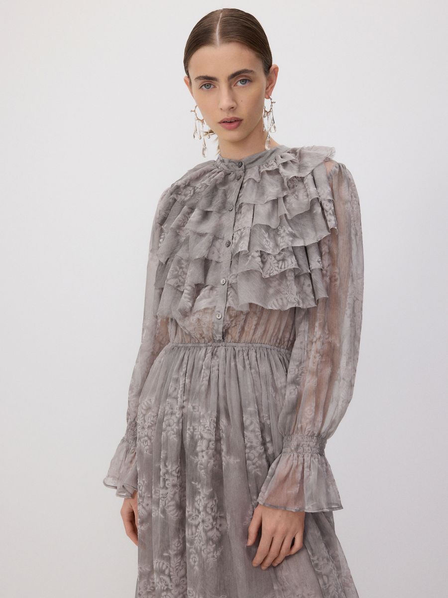 Chiffon dress with ruffle details - light grey - RESERVED - 3