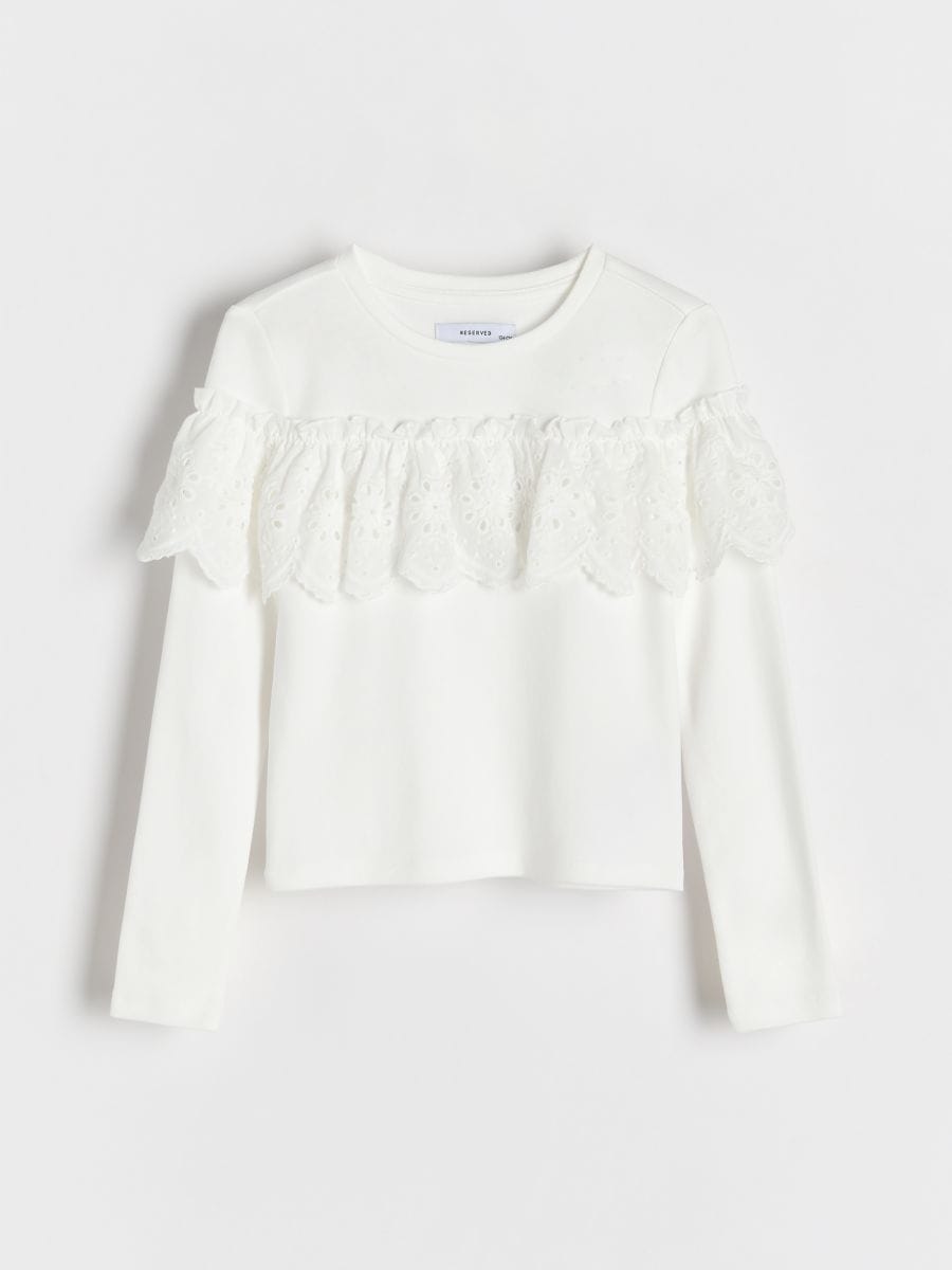 T-shirt with openwork ruffle - cream - RESERVED - 2