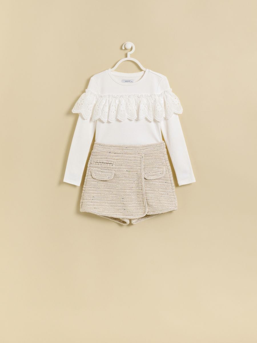 T-shirt with openwork ruffle - cream - RESERVED - 3